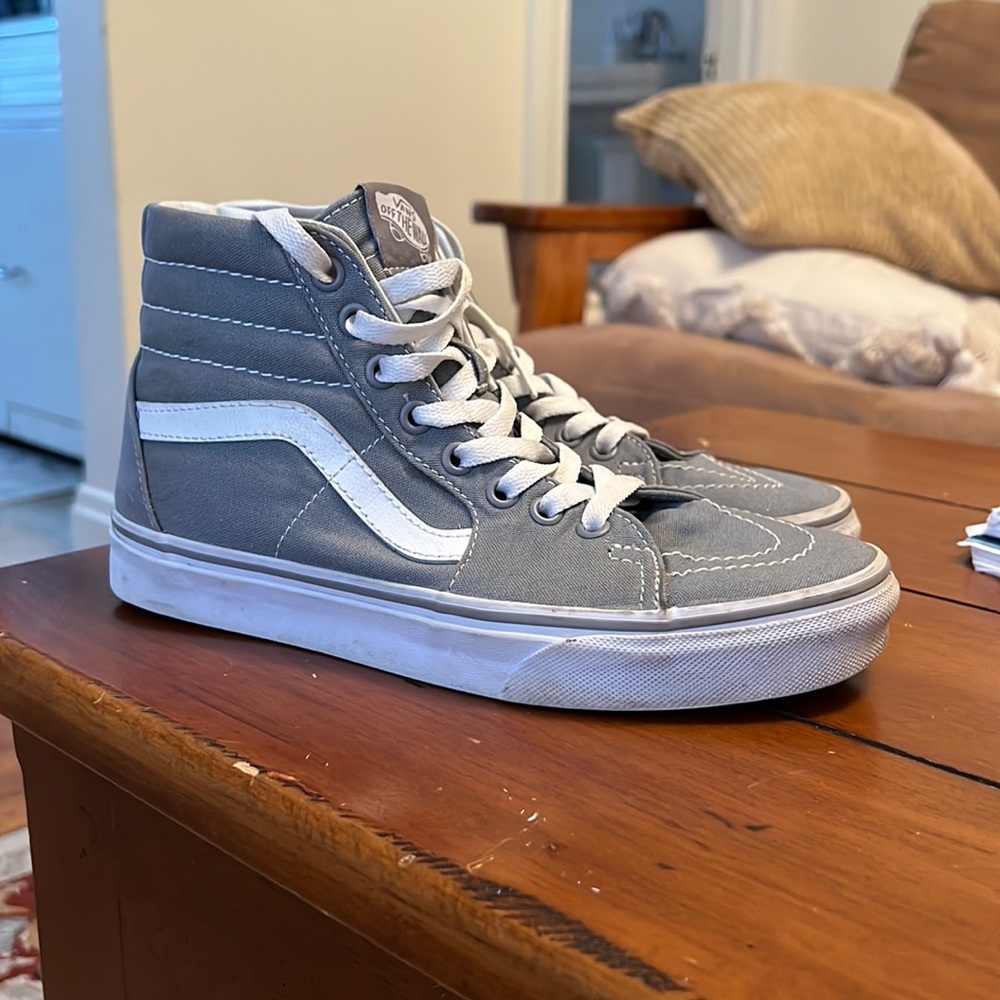 Women’s grey SK8-HI Van’s size 7.5. Good condition, only worn a few times